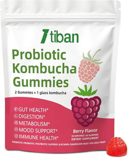Probiotic Kombucha Gummy - Prebiotics, Probiotics, Postbiotics, Fiber Supplement, Slippery Elm for Bloating, Gut Health, Women and Men, 60ct