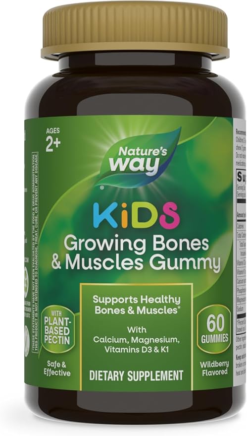 Nature's Way Kids Growing Bones & Muscles Gummy, Supports Healthy Bones & Muscles*, Calcium, Magnesium, Vitamins D3 & K1, Ages 2+, Wildberry, 60 Gummies