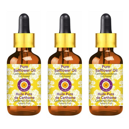 dève herbes Pure Safflower Oil (Carthamus tinctorius) with Glass Dropper Cold Pressed (Pack of Three) 100ml X 3 (10 oz)