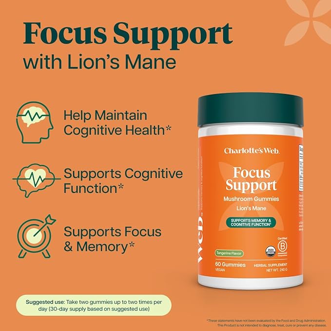 Charlotte's Web Focus Support Mushroom Gummies for Focus and Energy w/Lion’s Mane, Natural Cognitive Support Lions Mane Gummies for Adults — Tangerine Flavor (30 Servings)