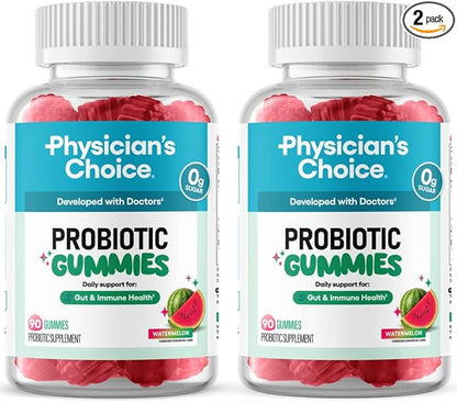 Physician’s Choice Probiotic Gummies with Vitamin D & Prebiotic Fiber - Sugar Free - 1B CFUs of Clinically Studied Probiotic - Supports Immune & Gut Health for Adults - Watermelon Flavor - 90CT 2-pack