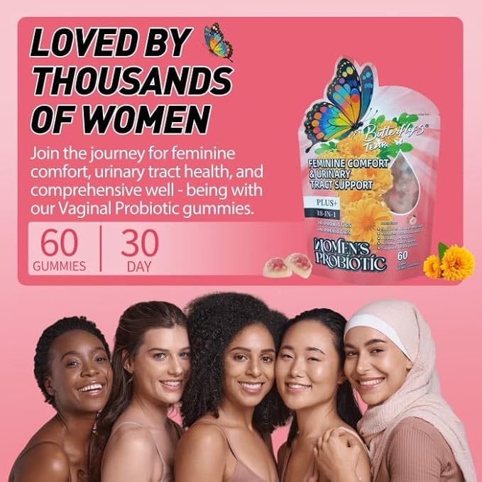 BUTTERFLY'S TEAR Women's Probiotic Gummies | 18-in-1 Feminine Comfort & Urinary Tract Support | 14 Probiotics + 4 Prebiotics | Peach Flavor | Intimate Moisture, pH Balance, Healthy Flora, 180 Chew