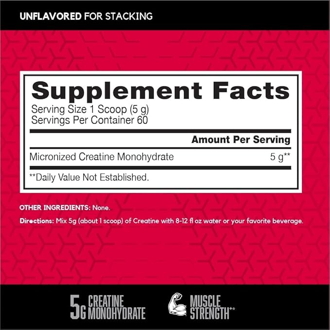 BSN Micronized Creatine Monohydrate Powder, Unflavored Creatine Powder, Micronized, Supports Muscle Building, Supports Muscle Strength, Gym Supplement, 5g per Serving, 5000mg per Servings, 60 Servings