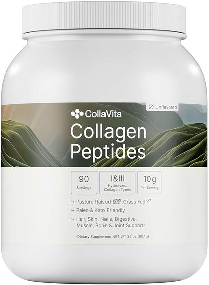 CollaVita Collagen Peptides Powder (3 Month Supply) Grass-Fed Pasture-Raised Hydrolyzed Collagen Powder, Type I & III Hair, Nails, Skin & Joints, Non-GMO, Paleo & Keto, Unflavored, 32 oz. 90 Servings