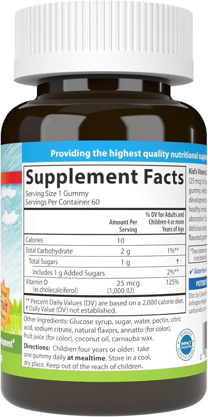 Carlson - Kid's Vitamin D3 Gummies, 1000 IU (25 mcg), Bone Health & Immune Support, Growth & Development, Vitamin D Gummies, D3 Gummy Vitamins, Natural Fruit Flavors, 60 Vegetarian Gummies (Pack of 2)
