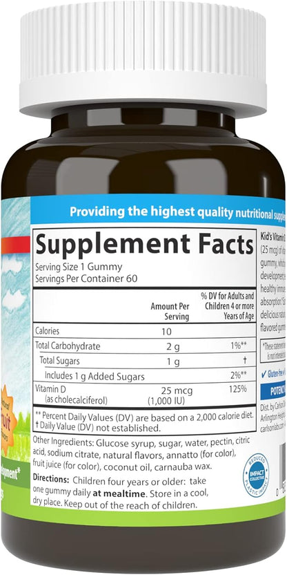 Carlson - Kid's Vitamin D3 Gummies, 1000 IU (25 mcg), Bone Health & Immune Support, Growth & Development, Vitamin D Gummies, D3 Gummy Vitamins, Natural Fruit Flavors, 60 Vegetarian Gummies (Pack of 2)