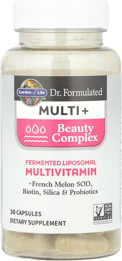 Garden of Life Dr Formulated Multi+ Beauty Complex Fermented Liposomal Multivitamin Plus Hair Skin and Nails Vitamins, French Melon SOD, Biotin & Probiotics, 30 Capsules, Supplement for Women & Men
