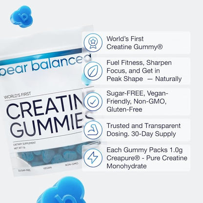 Bear Balanced Creatine Gummies for Men & Women - Creapure® Creatine Monohydrate, L-Theanine, L-Tyrosine & B12 for Muscle Growth, Strength, Focus, Energy & Health - Low Calorie, Sugar-Free, & Vegan