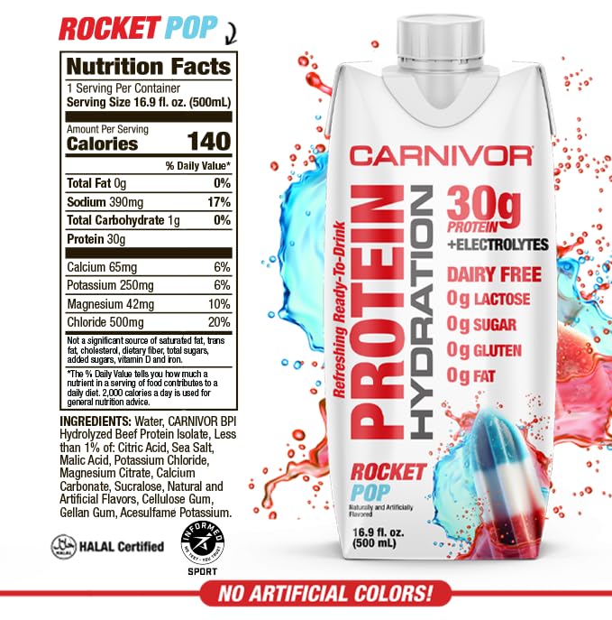 MuscleMeds Carnivor Protein Hydration RTD, Ready to Drink, Lactose Free, Sugar Free, 30g Isolate Protein, Halal Certified, Rocket Pop, 16.9 Fl Oz (Pack of 12)