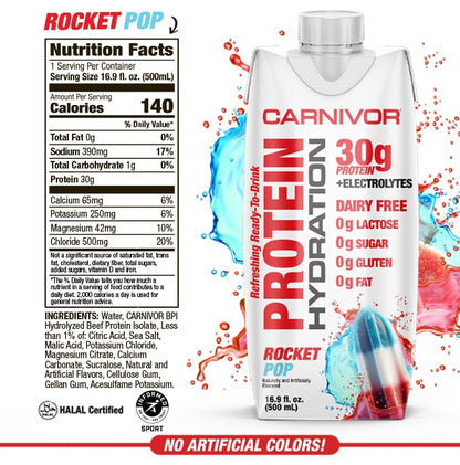 MuscleMeds Carnivor Protein Hydration RTD, Ready to Drink, Lactose Free, Sugar Free, 30g Isolate Protein, Halal Certified, Rocket Pop, 16.9 Fl Oz (Pack of 12)