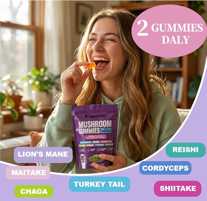 1000mg Ashwagandha & Mushroom Gummies, with 8-Mushroom Blend (Reishi, Lion's Mane, Cordyceps). Supports Focus, Energy and Cognitive Boost,for Adults, 160 Count.