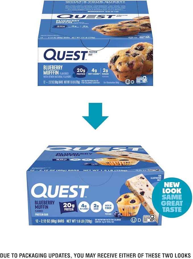 Quest Nutrition Blueberry Muffin Protein Bars, 20g Protein, 2g Sugar, 5g Net Carb, High Fiber, Gluten Free, Keto Friendly, 12 Count