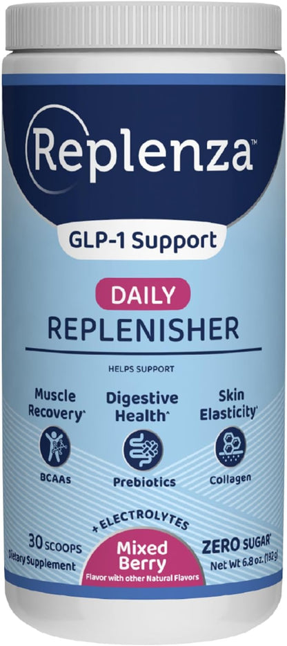 Replenza Daily Replenisher Nutritional Support Powder – Muscle Recovery, Digestive Health & Skin Elasticity Mix of Amino Acids, Prebiotics and Collagen Peptides – Mixed Berry Flavored, 30 Scoops
