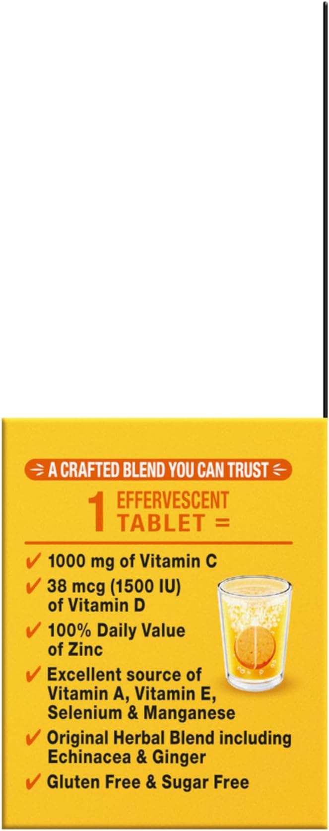 Airborne Immune Support Effervescent Tablets, Zesty Orange Flavor - 10ct with 1000mg Vitamin C + Vitamins A, D, E, Zinc, Selenium, Manganese & Herbal Blend - Sugar‑Free, Gluten‑Free