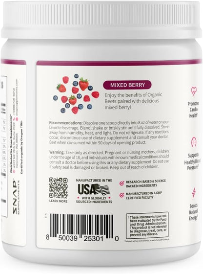 Snap Supplements Organic Beet Root Powder Nitric Oxide Supplement for Men & Women, Red Spinach & Pomegranate, Supports Healthy Energy & Blood Pressure Already in Normal Range, 30 Servings, Mixed Berry