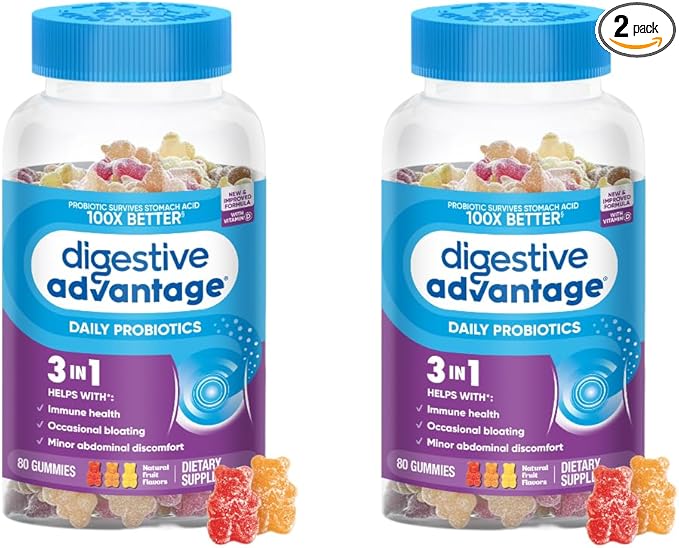 Digestive Advantage Probiotic Gummies For Digestive Health, Natural Fruit Flavors Vitamin D, Daily Probiotics For Women &Men Occasional Bloating, Minor Abdominal Discomfort & Gut Health, 80ct (2 Pack)
