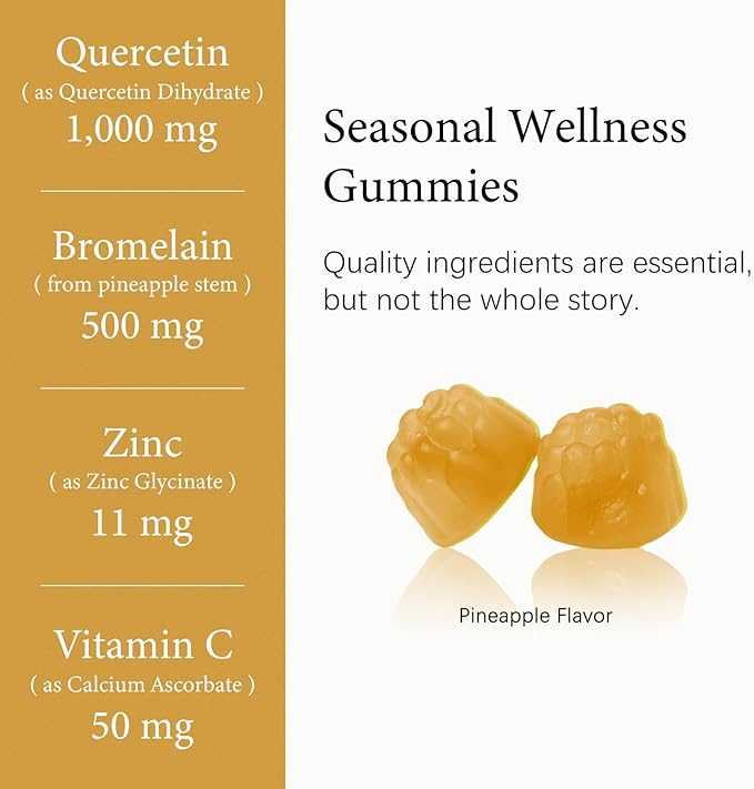 8-in-1 Quercetin with Bromelain Gummies 1000mg, High Potency Organic Quercetin Supplement with Zinc & Vitamin C, Elderberry, Seasonal Wellness & Immune Support, Vegan, Sugar Free, 120 Gummies