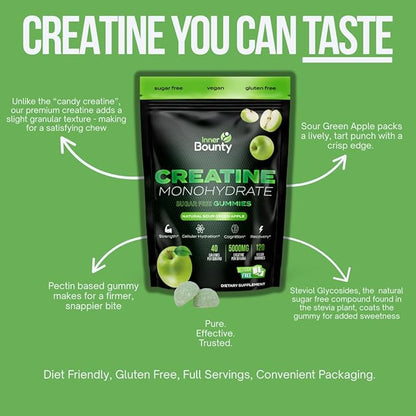 Sugar Free Creatine Monohydrate Gummies 5g, Natural Sour Green Apple - 120 Vegan Chews for Men and Women. Cognition and Muscle Support, Cellular Energy - Non-GMO & Gluten-Free