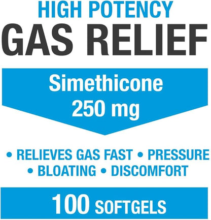 Maximum Strength Gas Relief Softgels with Simethicone 250 mg Relieve Pressure, Bloating and Painful Discomfort Compare to Gas-X and Phazyme -100 Count