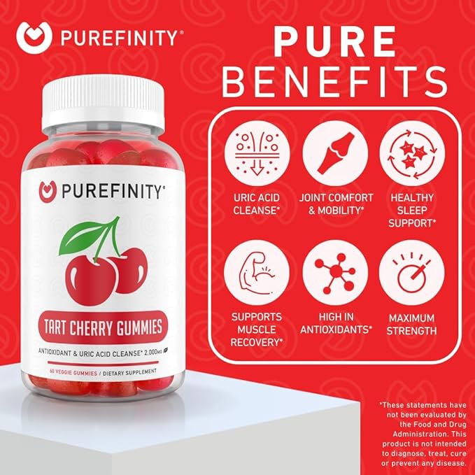 PUREFINITY Tart Cherry Gummies – Uric Acid Flush for Joint Relief & Recovery, Raw Juice Extract Antioxidant – Non-GMO, Gluten Free, Vegan, 60 Count (Pack of 2)