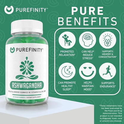 PUREFINITY Ashwagandha Gummies with Vitamin D & Zinc – Supplement for Relaxation, Calming, and Mood Support – Gluten Free, Non-GMO, Vegan, 60 Count