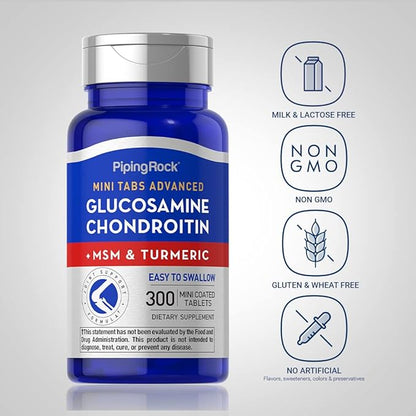 Piping Rock Glucosamine Chondroitin MSM and Turmeric | 300 Tablets | Supplement for Women and Men | Non-GMO, Gluten Free
