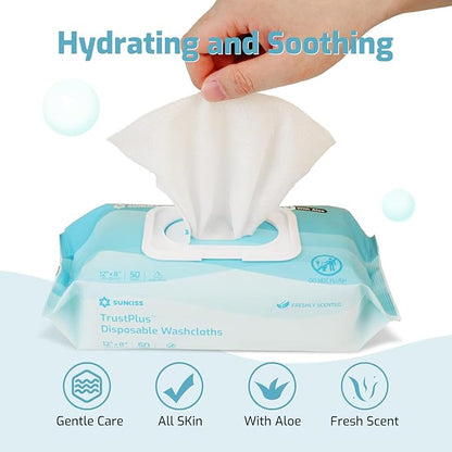 SUNKISS Trustplus Wet Wipes for Adult No Rinse, Extra Large 8”x12” Body Cleaning Washcloths for Elderly Incontinence & Cleansing, Fresh Scented, 200 Count (8 Packs of 50)