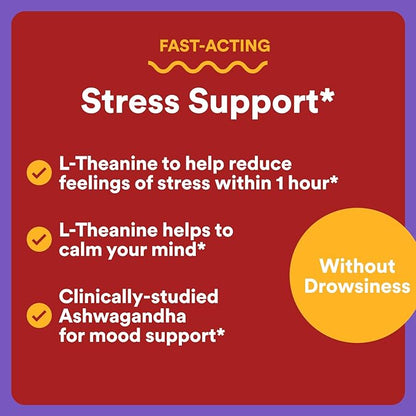 SmartyPants Adult Stress Support Gummies: Fast-Acting Calm & Mood Support with L-Theanine 200mg & Ashwagandha (Sensoril), Non-Drowsy, Mixed Berry Flavor, 60 Count (30 Day Supply)