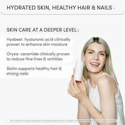 GLOW Anti Aging Supplement - Hyabest® Hyaluronic Acid, Phytoceramides, 5000 mcg Biotin, Vitamin A, C, E, Zinc - Hair Skin Nails Vitamins for Women & Men - Wrinkles & Skin Hydration - 60 Capsules