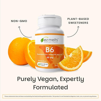 EZ Melts Vitamin B6 - Brain & Heart Health Supplement - Energy Metabolism Support - No Artificial Flavors - Non-GMO & Vegan - Orange Blast - 60 Dissolvable Tablets (30 Servings)