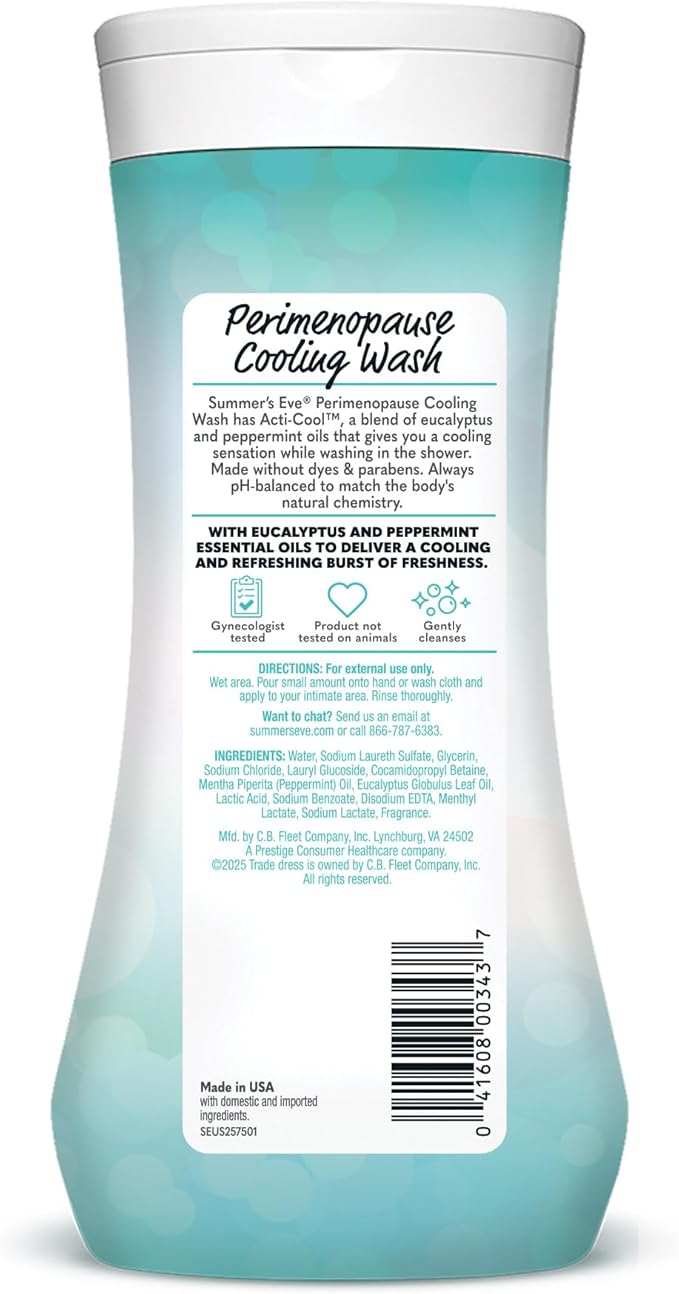 Summer's Eve Perimenopause Cooling Wash, Cooling pH-Balanced Formua with Eucalyptus to Remove Odor, 15 Fl Oz