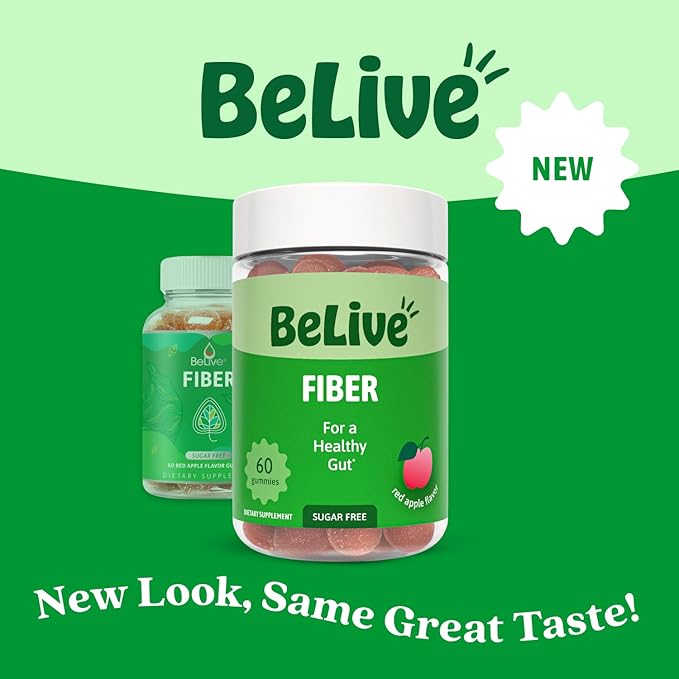 BeLive Fiber Gummies - Prebiotic Fiber Supplement with Chicory Root & Inulin for Digestive Support & Overall Gut Health I Vegan, Sugar Free Gummies for Adults & Children | 60 Ct - Apple Flavor