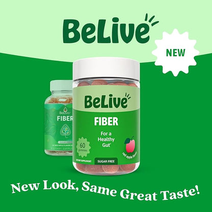 BeLive Fiber Gummies - Prebiotic Fiber Supplement with Chicory Root & Inulin for Digestive Support & Overall Gut Health I Vegan, Sugar Free Gummies for Adults & Children | 60 Ct - Apple Flavor