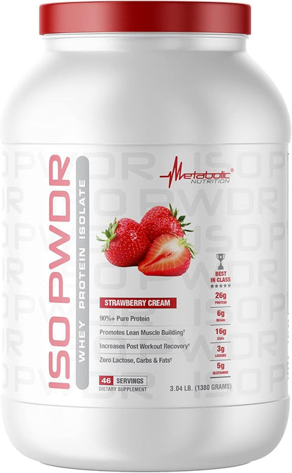 Metabolic Nutrition Whey Protein Isolate ISO PWDR Strawberry Cream, 3.04lb, 23 Servings, 26g Protein, Fast Digesting, Zero Carbs, Delicious Flavor, Very Low Carbs & Fat, Zero Lactose
