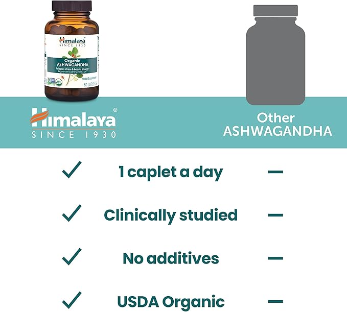 Himalaya Organic Ashwagandha Root, 90 Day Supply - Herbal Adrenal Support Supplements for Stress Relief and Energy Support - USDA Organic, Non-GMO, Vegan, Gluten Free, No Additives, 670 mg, 90 Caplets
