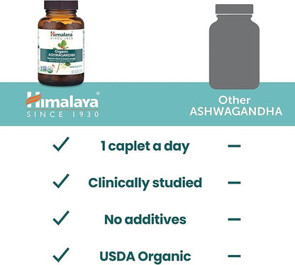 Himalaya Organic Ashwagandha Root, 90 Day Supply - Herbal Adrenal Support Supplements for Stress Relief and Energy Support - USDA Organic, Non-GMO, Vegan, Gluten Free, No Additives, 670 mg, 90 Caplets
