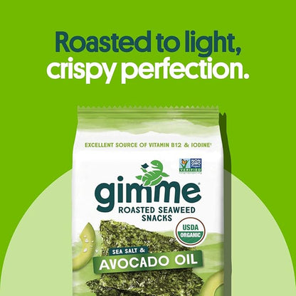Gimme Seaweed Organic Premium Roasted Seaweed Snacks, Sea Salt & Avocado Oil, 6 Count, Keto, Vegan, Gluten-Free, Great Source of Omega3s and Iodine, Healthy On-The-Go Snack for Kids and Adults