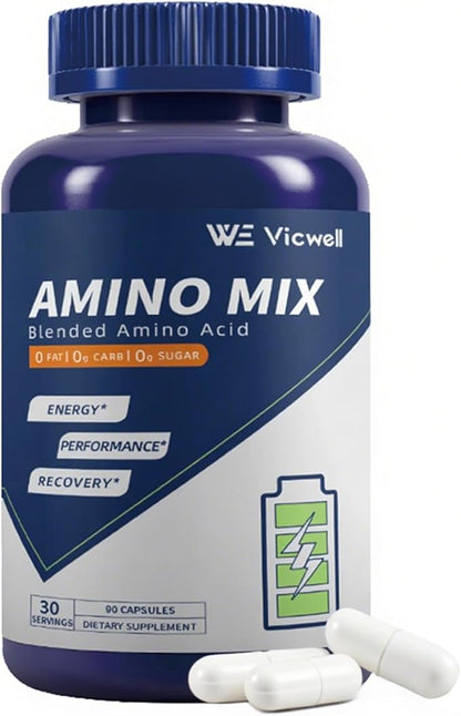 Amino Acid, Supports Muscle Recovery and Lean Muscle Growth, Enhances Energy and Endurance, Contains Essential Amino Acids and BCAAs, 90 Capsules (1 Bottle)