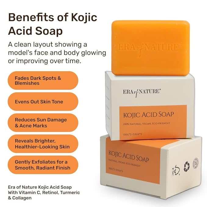 era of nature Turmeric Kojic Acid Soap for Dark Spots – Gentle Brightening Bar for Face, Underarms, Inner Thighs & Bikini Area – Vitamin C + Shea Butter – Moisturizing Soap, 2 x 100g