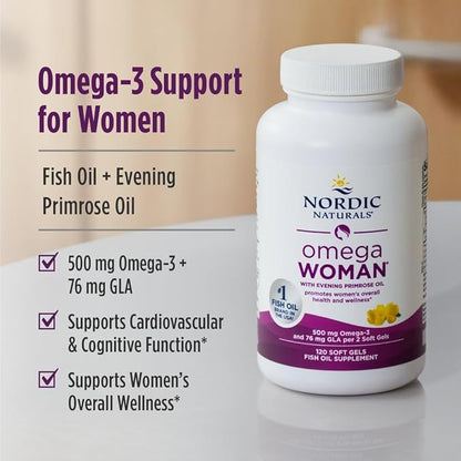 Nordic Naturals Omega Woman, Lemon - 120 Soft Gels - 500 mg Omega-3 + 800 mg Evening Primrose Oil - Healthy Skin & Optimal Wellness - Non-GMO - 60 Servings (Pack of 2)