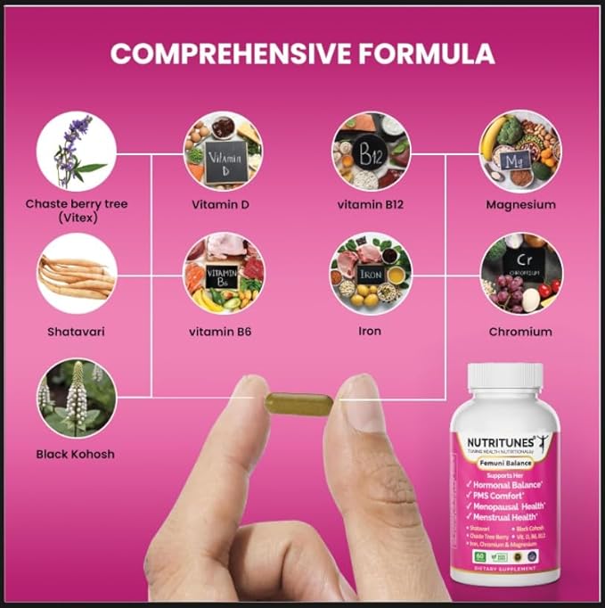 Femuni Balance - Women's Hormonal Balance & Mood Support: PMS, Menstrual Health, & Feminine Wellness with Black Cohosh, Vitex, Shatavari & Key micronutrients