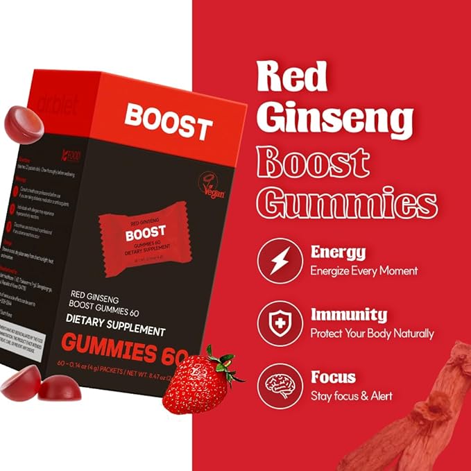 dr.blet Red Ginseng Boost Gummies – Daily Energy & Immune Support, Strawberry-Flavored Vegan Gummies with 6-Year Korean Red Ginseng, Caffeine-Free, No Added Sugar – 60 Count