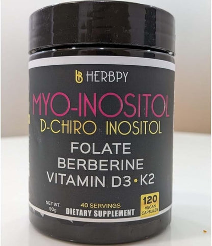 6in1 Premium 40:1 Myo-Inositol & D-Chiro Inositol Supplement for Women with Folate, Berberine HCl 97%, Vitamin D3 & K2 - Hormonal Balance & Ovarian Health Support- 120 Vegan Capsules
