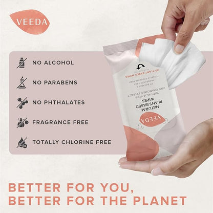 Veeda Plant-Based Feminine Wipes – pH-Balanced, Hypoallergenic & Biodegradable Wipes for Sensitive Skin, Fragrance-Free Travel Sized Wipes – 20 Count