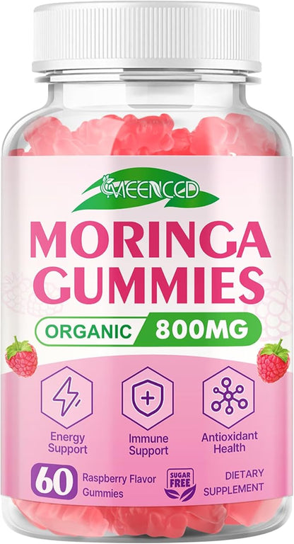 Moringa Gummies - Pure Moringa Leaf Supplement for Adults, Contains Essential Vitamins, Antioxidants & Amino Acids, Sugr-Free, Raspberry Flavor, 60 Count