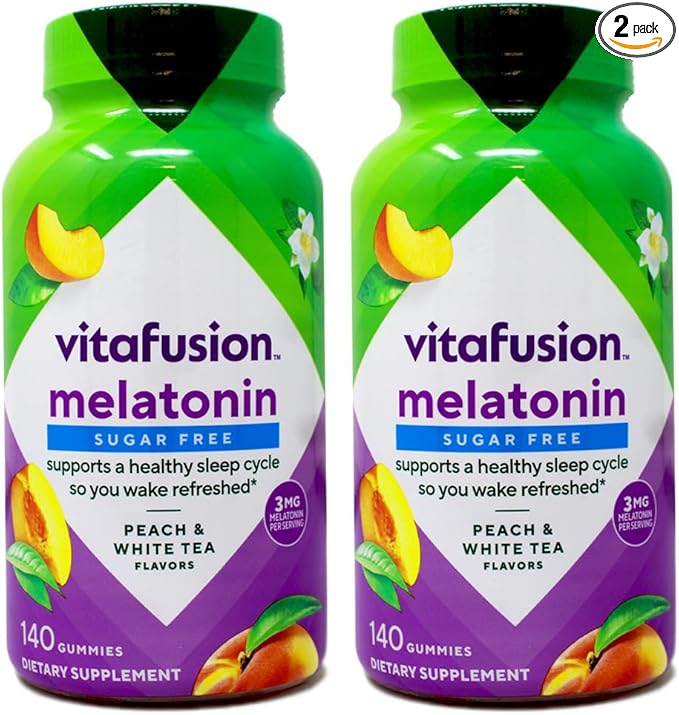 Vitafusion 3 mg Melatonin Gummy Supplement, Awake Refreshed, Sleep Support & Jet Lag Aid, Sugar-Free, Dietary Supplement, Natural White Tea & Peach Flavors, 140 Count (Pack of 2)