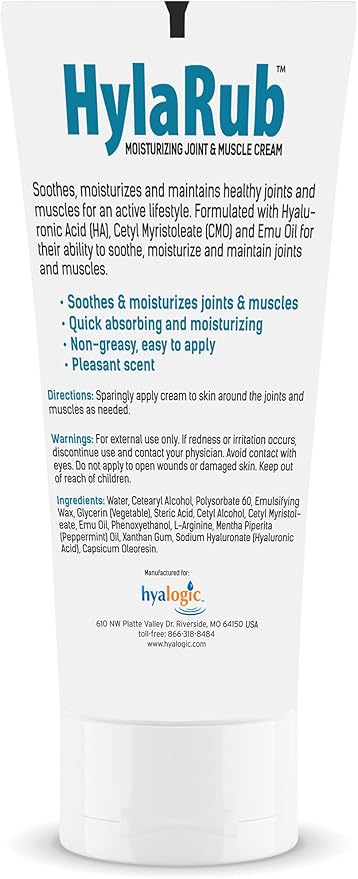 HylaRub HA Joint & Muscle Cream – Hyaluronic Acid Muscle Rub w/ Emu Oil & CMO – Non Greasy, Soothes, Moisturizes & Maintains Shoulders, Knees, Back, Hips & More 6 oz. by Hyalogic