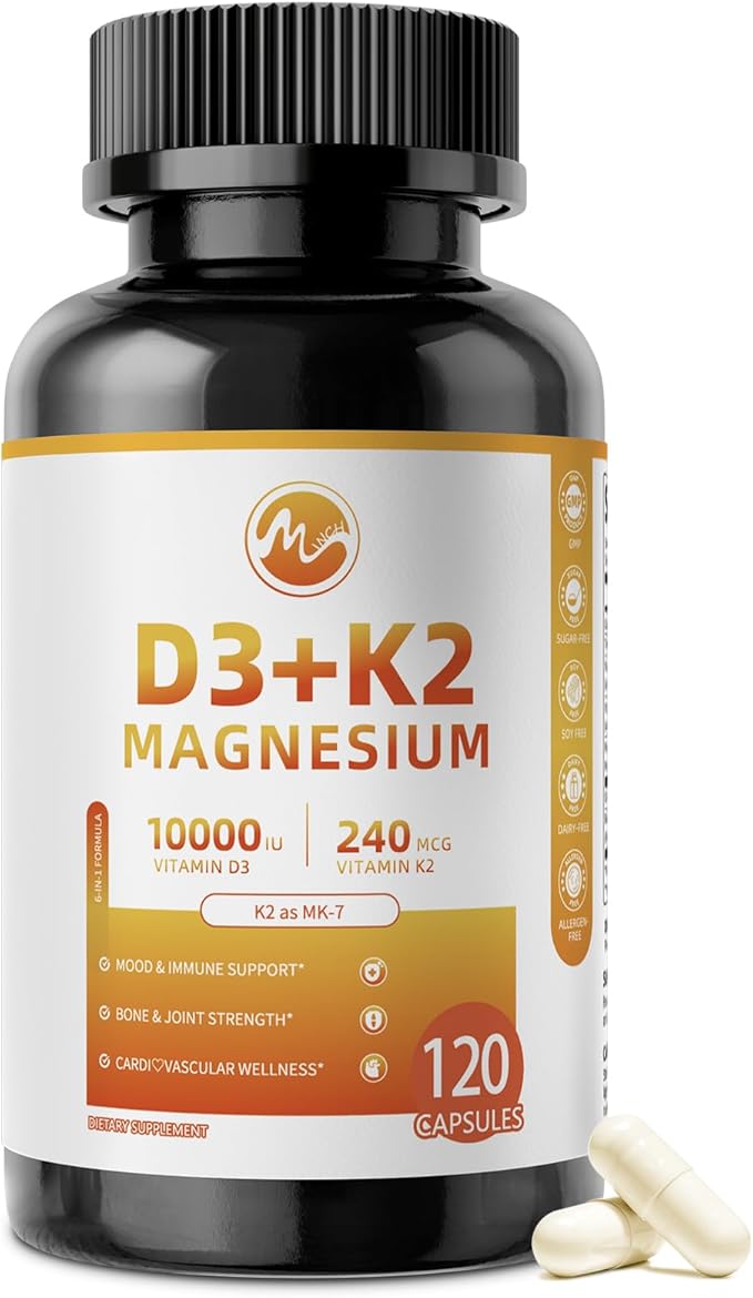 M inch Vitamin D3 K2 with Magnesium, Vitamin D3 10000 IU, Vitamin K2 MK-7 240 mcg, 6-in-1 K2 D3 Vitamin Supplement with Quercetin for Bone, Immune & Moo*d Support, Highly Bioavailable, 120 Capsules
