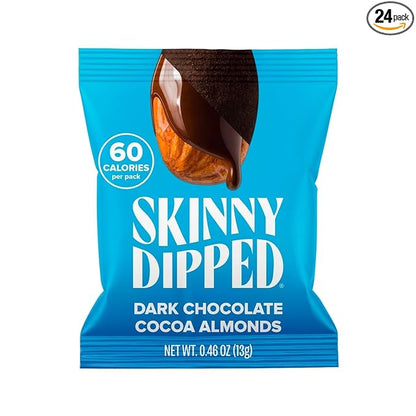SkinnyDipped Dark Chocolate Cocoa Almonds, Healthy Snack, Plant Protein, Gluten Free, 0.46 oz Mini Bags, Pack of 24