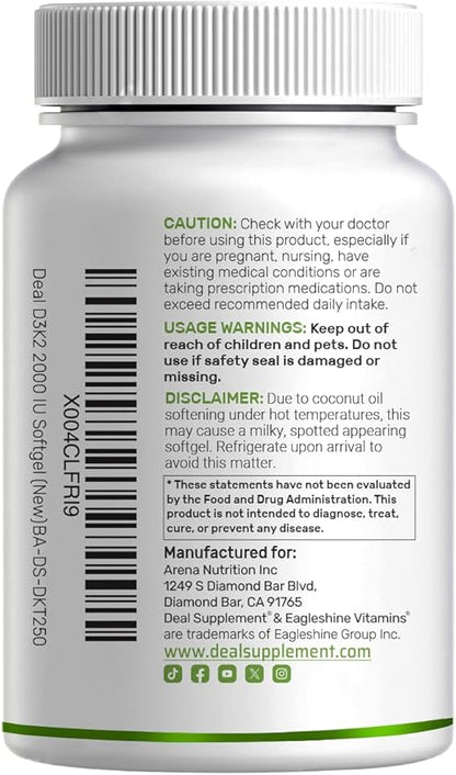 DEAL SUPPLEMENT Vitamin D3 2,000 IU + K2 MK7 50mcg Softgels | 2-in-1 Complex with Virgin Coconut Oil | Supports Heart, Bone, Teeth & Immune Health | Easy to Swallow